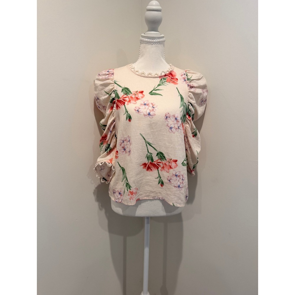 Laura Ashley Floral Linen Blend Puff Sleeve Blouse Pink Red Lace Trim Small